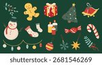 Christmas element vector illustration set. Collection of christmas tree, bauble ball, gingerbread, snowman, bell, candy, sock, candle, git. Design for sticker, card, poster, invitation, greeting.