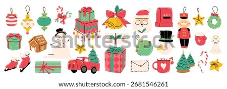 Christmas element vector illustration set. Collection of christmas tree, nutcracker, snowman, gift, bauble ball, mug, bell, angel, candy cane. Design for sticker, card, poster, invitation, greeting.