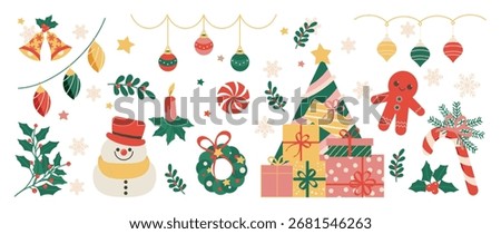Christmas element vector illustration set. Collection of christmas tree, bauble ball, gingerbread, snowman, gift, candle, wreath, bell, holly. Design for sticker, card, poster, invitation, greeting.