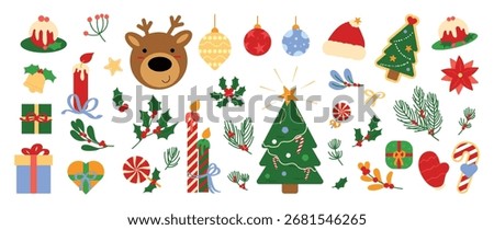 Christmas element vector illustration set. Collection of christmas tree, bauble ball, reindeer, candle, holly leaf, candle, gift. Design for sticker, card, poster, invitation, greeting.