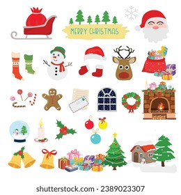 Christmas element vector set. Merry Christmas and happy new year clip art. Santa claus items and christmas decorations. Flat vector in cartoon style isolated on white background.