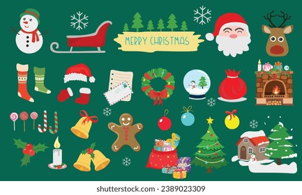 conjunto de vectores de elementos de Navidad. Feliz Navidad y feliz arte de un clip de año nuevo. Artículos de Papá Noel y decoración navideña. Vector plano al estilo de las caricaturas aislado sobre fondo verde.