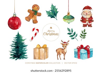 Christmas element watercolor painting collection set, including reindeer, santa, hanging ornament balls, pine tree, gift boxes and gingerbread man