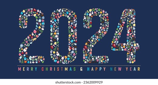 Christmas elements as 2024 on blue background flat design vector illustration. Merry Christmas and Happy New Year greeting card.