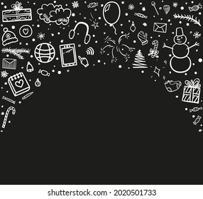 Christmas elements. Abstract white holiday symbols on black. Line art. Winter holidays. Black and white illustration