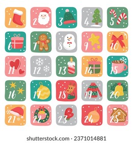 Christmas elements advent calendar vector illustration with Santa Claus, Christmas tree, stars, candy canes, gifts, snowflakes, snowman, bells, deer, gingerbread.