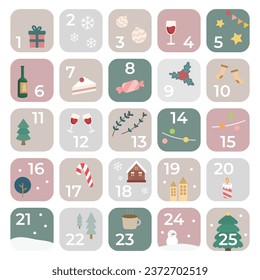 Christmas elements advent calendar vector illustration with Christmas tree, stars, candy canes, gifts, snowflakes, snowman, cake, wine, candles, house.