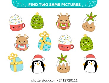 Weihnachtselemente und -tiere. Kawaii. Finden Sie zwei gleiche Bilder. Erziehungsspiel für Kinder mit Weihnachtsbaum, Kuchen, Pinguin, Geschenk. Spot zwei identische Bilder. Cartoon, Kawaii. einzelne Vektorkruste