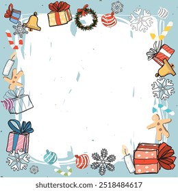 Christmas elements around white blank frame hand drawn childish style on light blue background graphic illustration. Merry Christmas and Happy New Year greeting card square template.