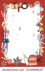 Navidades Elementos alrededor del marco en blanco blanco dibujado a mano estilo infantil sobre fondo rojo ilustración gráfica. Feliz Navidades y feliz año Nuevo tarjeta de felicitación Plantilla de Vertical.