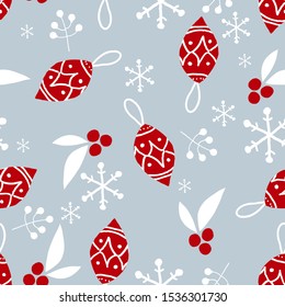 Christmas elements background of Christmas ball, Holly berries, leaves and snowflakes ornate seamless pattern for greeting cards, wrapping papers etc.Vector illustration design for greeting season.