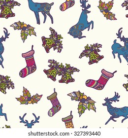 Christmas elements. Christmas background, seamless tiling. Seamless Christmas pattern with deer, socks, hand bells and mistletoe.