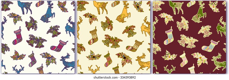 Christmas elements. Christmas background, seamless tiling. Seamless Christmas pattern with deer, socks, hand bells and mistletoe.Seamless pattern with New Year celebration Icons and Christmas symbols.