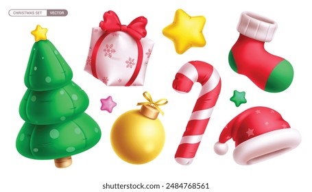 Christmas elements balloons vector set design. Balloons inflatable christmas element like pine tree, gift, star, balls, candy cane, socks and xmas hat collection. Vector illustration colorful ornament