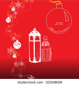 Christmas elements of balls, lanterns, snowflakes on red background. Vector illustration
