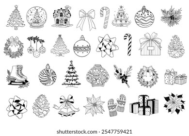 Weihnachtselemente in Schwarz und Weiß. Handgezeichnetes Set mit Baum, Geschenken, Lebkuchenhaus und Dekorationen