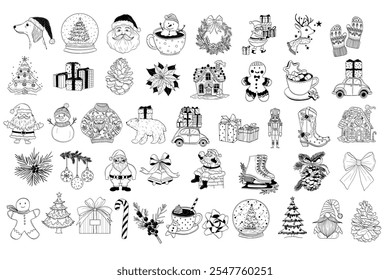 Christmas Elements in Black and White - Hand-Drawn Set with Snowman, Santa Claus, Hot Chocolate, and Festive Animals