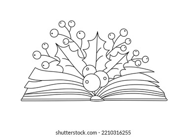 Elementos navideños con un libro en línea de arte. Icono gráfico de invierno. Doodle de vacaciones. Diseño lineal del contorno del festival de Navidad creativo. Aislado en blanco. 