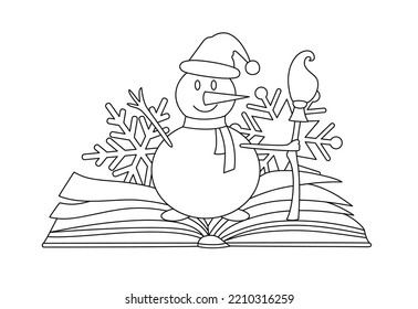 Elementos navideños con un libro en línea de arte. Icono gráfico de invierno. Doodle de vacaciones. Diseño lineal del contorno del festival de Navidad creativo. Aislado en blanco. 