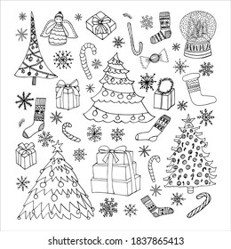 Christmas elements clip art set. Hand drawn doodle vector elements. Christmas trees, present boxes, lollypops, socks, snowflakes, Christmas angel. Design for decorations, stickers, greeting cards.