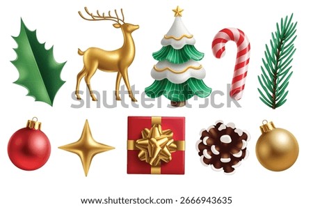Christmas elements clipart set. Christmas elements clip art for xmas decoration like holly berry and pine tree leaves, gold reindeer, candy cane, star, gift box and pine cone ornaments decorative 