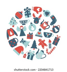 Christmas elements collection in a circle. Xmas and New Year symbols flat vector illustration set.