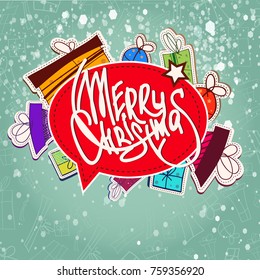 Christmas elements collection with colorful paper gift boxes baubles festive inscription on light doodle background vector illustration