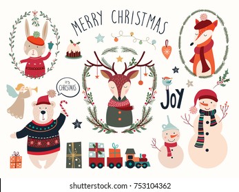 Christmas elements collection with deer and seasonal elements