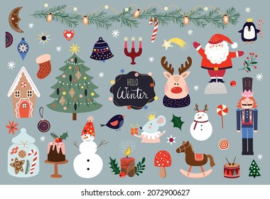 Christmas elements collection, different funny characters, winter design