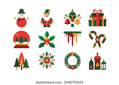 Christmas Elements Collection featuring festive icons and decorations. This set includes Christmas trees, ornaments, stockings, snowflakes, gift boxes, candy canes, reindeer, wreaths, and more.