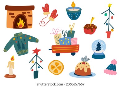 Christmas elements collection. Fireplace, trolley with gifts, Christmas trees, decorations, candles, knitted things. Happy Holidays. Perfect for greeting cards, invitations. Vector illustration.