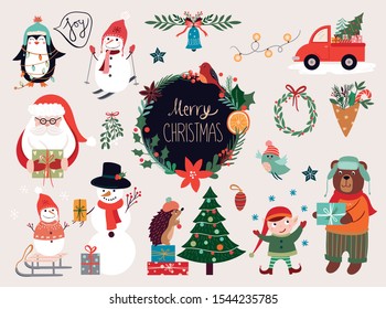 Christmas elements collection with floral wreath, Santa and other seasonal characters