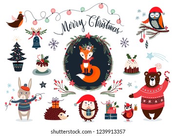 Christmas elements collection with funny characters and seasonal design