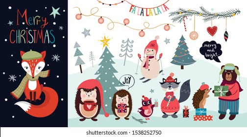 Christmas elements collection with Christmas greeting card and other seasonal elements, funny characters on an winter background