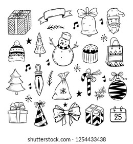 christmas elements collection with hand drawn or doodle style on white background