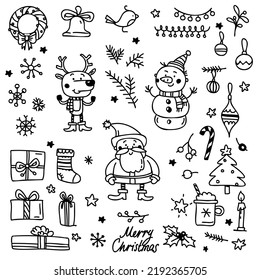 colección de elementos de Navidad. Juego de doodles dibujado a mano: Santa Claus, Snowman, reno, regalo, estrellas, copos de nieve, decoración festiva, árbol de Navidad. Arte de línea simple, aislado en un fondo blanco. 