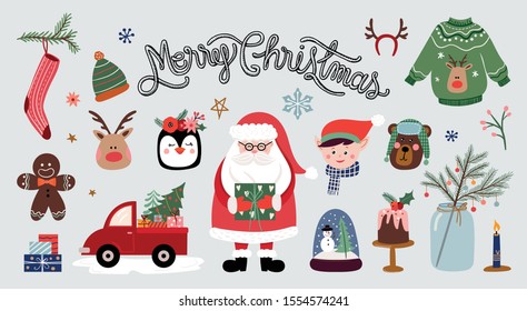 Christmas elements collection with hand lettering and seasonal elements