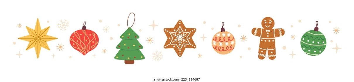 Christmas elements collection. Isolated various balls, decorations, gingerbread, stars, snowflakes, snow. Illustration in flat style