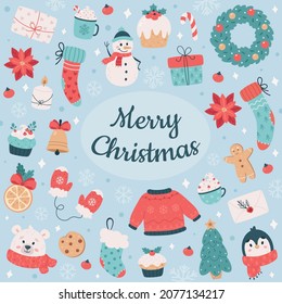 Christmas elements collection. Merry Christmas, Happy New Year objects. Vector illustration