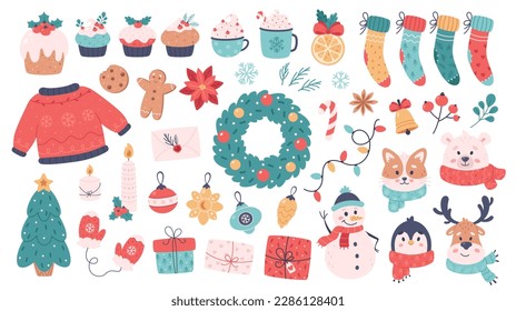 Christmas elements collection. Merry Christmas, Happy New Year objects. Winter time. Vector illustration