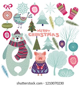 Christmas elements collection with seasonal items and cartoon characters, vector illustration