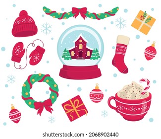 colección de elementos de Navidad. Conjunto de objetos de vacaciones aislados sobre fondo blanco (chocolate caliente, juguetes de calcetines, bola de vidrio, corona, regalo, guantes, sombrero)