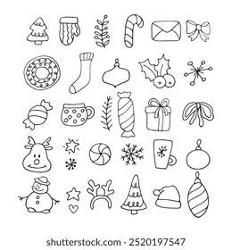 Christmas elements collection. Set of christmas items. Happy new year. Vector illustration. Hand-Drawn.