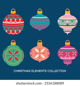 "Christmas Elements Collection" , six vibrant Christmas ornaments with intricate patterns glow against a deep blue background, radiating festive cheer.