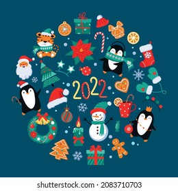 Christmas elements. Color vector elements. Illustration for happy new year decor. Design for prints and postcards.