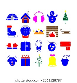 Christmas elements colorful set icons design. Christmas collection of bells, santa, deer, angel, nutcracker, cookies, showman, snowstar, drums, mitten, candy, sock, tree, star, house, gift