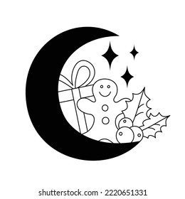 Christmas elements with a crescent moon in a line art style. Winter graphic icon. Celestial vacation doodle. Creative Xmas festival outline linear design. Isolated on white. 