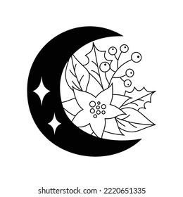 Christmas elements with a crescent moon in a line art style. Winter graphic icon. Celestial vacation doodle. Creative Xmas festival outline linear design. Isolated on white. 
