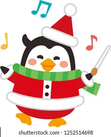 Christmas elements. Cute Santa Penguin swinging baton stick.Flat design.Vector illustration.Cartoon character.