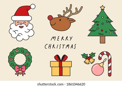 Christmas elements for decorating; Santa Claus, reindeer, Christmas tree, wreath, gift and decorative objects. Flat vector illustration for greeting card, paper, banner, invitation.